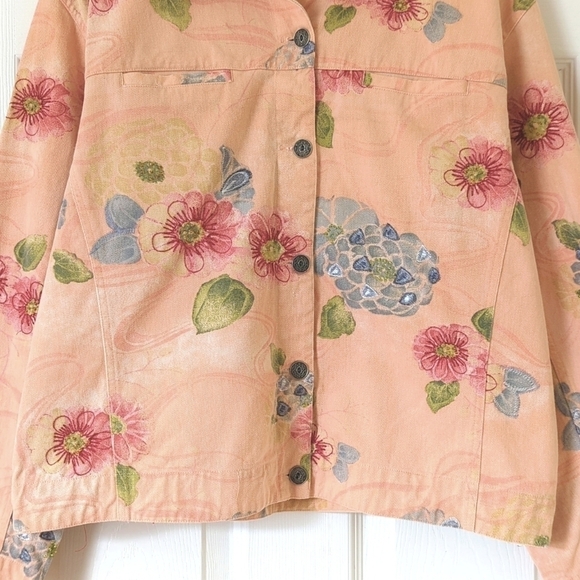 Chico's Design 90's Vintage Floral Embroidered & Beaded Denim Jacket Peach 3 - Picture 8 of 13